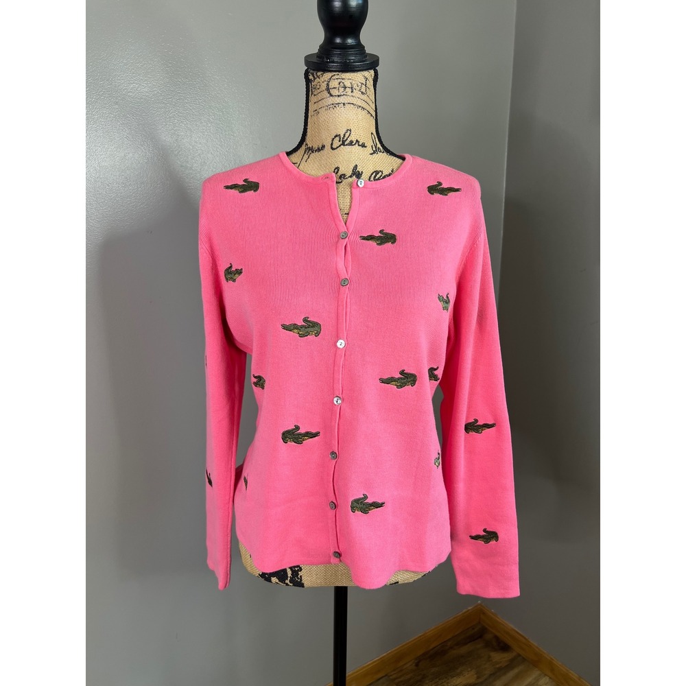 Vintage Alexandra Bartlett embroidered alligator cardigan pink ribbed preppy